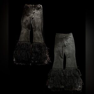 Black Aphrodite AP Blue Distressed Western Rodeo Fringe Flare Jeans